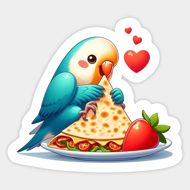 cute love birds are eating Mexican specialties, Tacos, Burritos, Enchiladas, Quesadillas, Guacamole, Fajitas, Chiles Rellenos, Tamales, Mole, Chilaquiles, Sticker by art poo